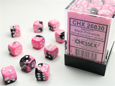 Gemini 12mm d6 Black-Pink/White Dice Block (36 dice)