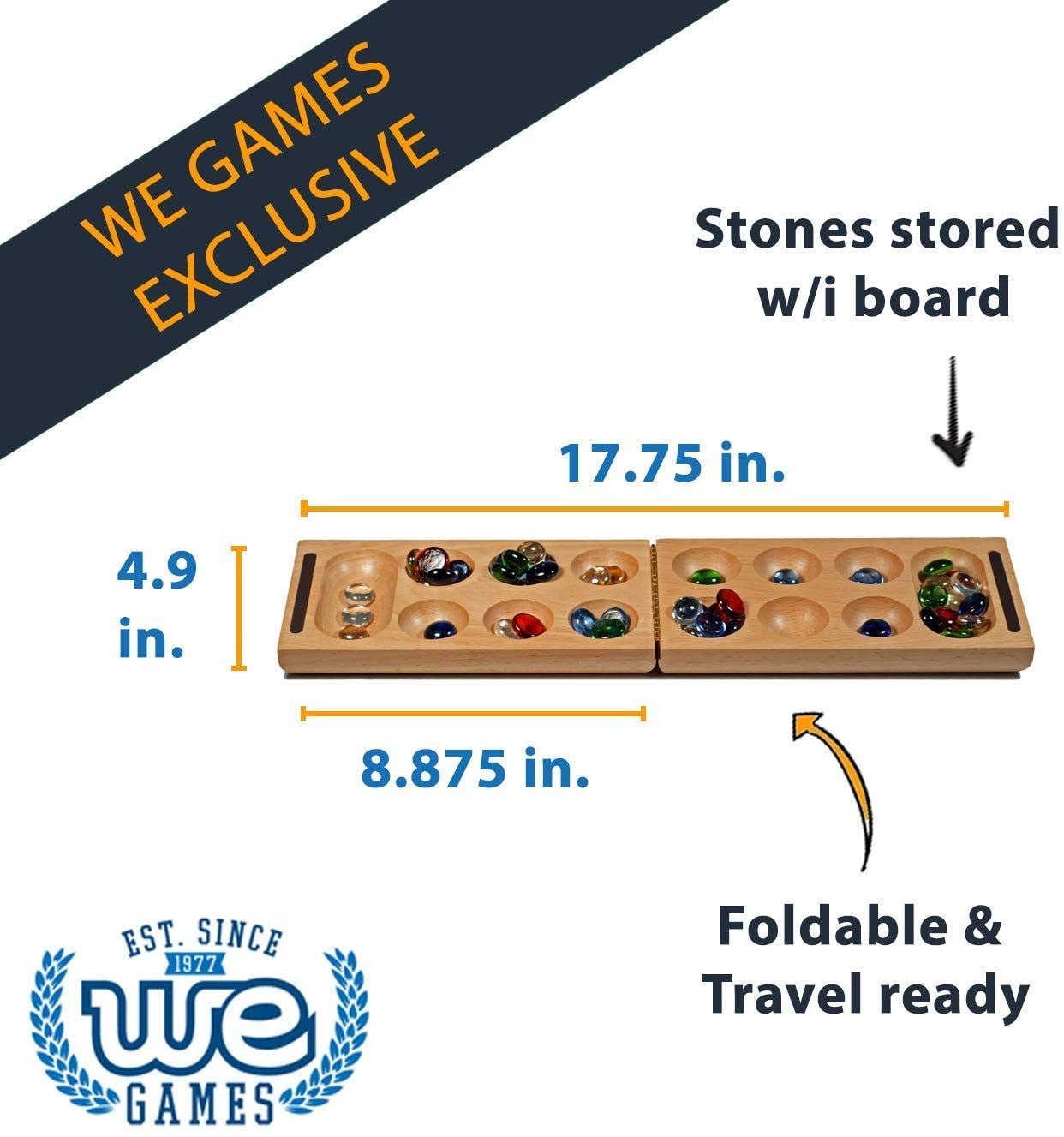 Solid Wood Folding Mancala with Glass Stones - 18 in.