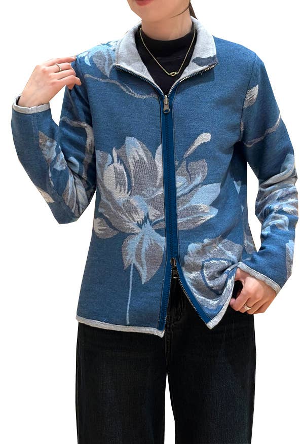 Royal Blue / White Lotus Reversible Zipper Sweater: M