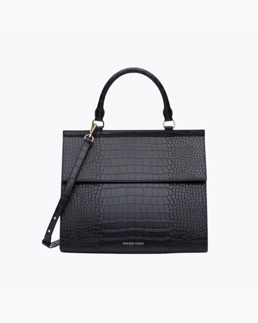 Insulated Large Lunch Bag – The Perfect Work Bag: Black Faux Crocodile