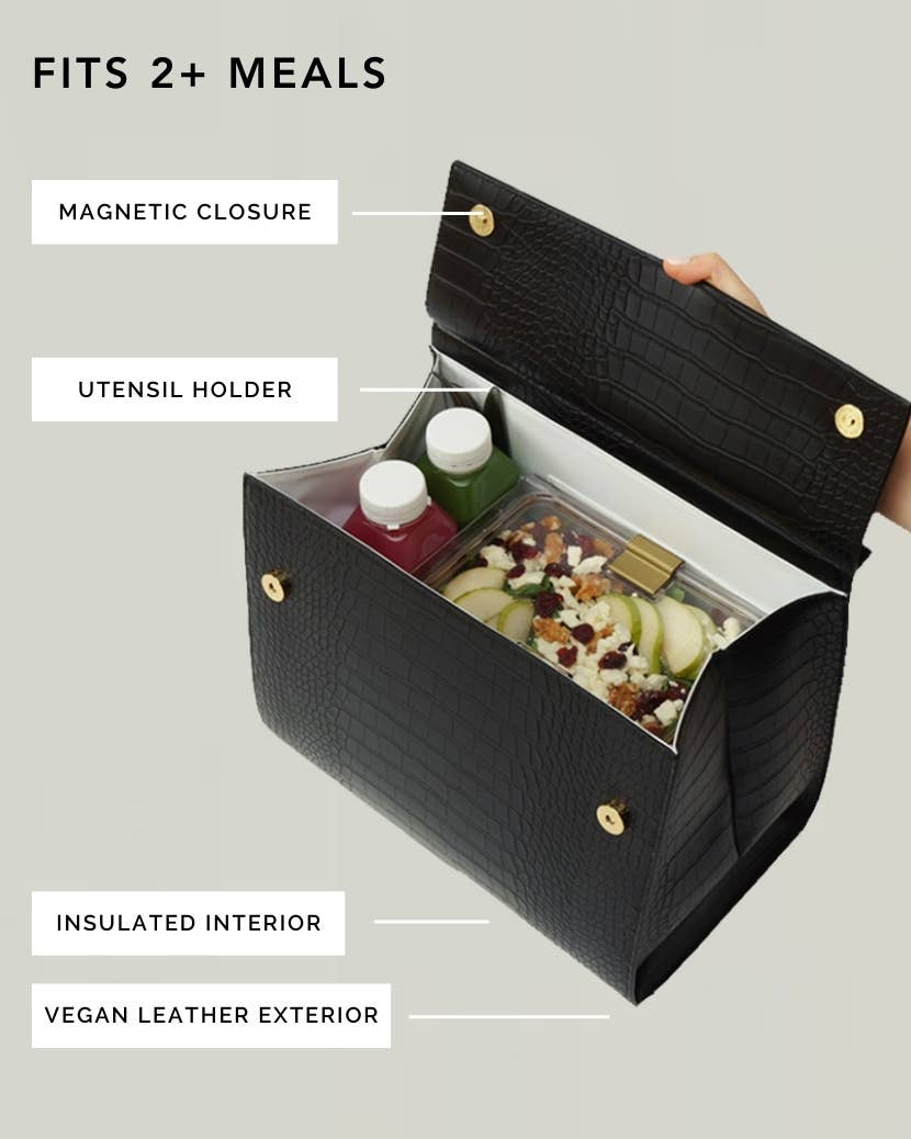 Insulated Large Lunch Bag – The Perfect Work Bag: Black Faux Crocodile