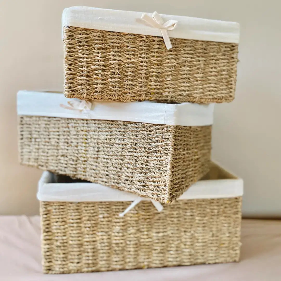 Seagrass Storage Baskets with Cotton Liner (Set of 3)