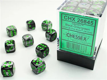 Gemini 12mm d6 Black-Grey/Green Dice Block (36 dice)