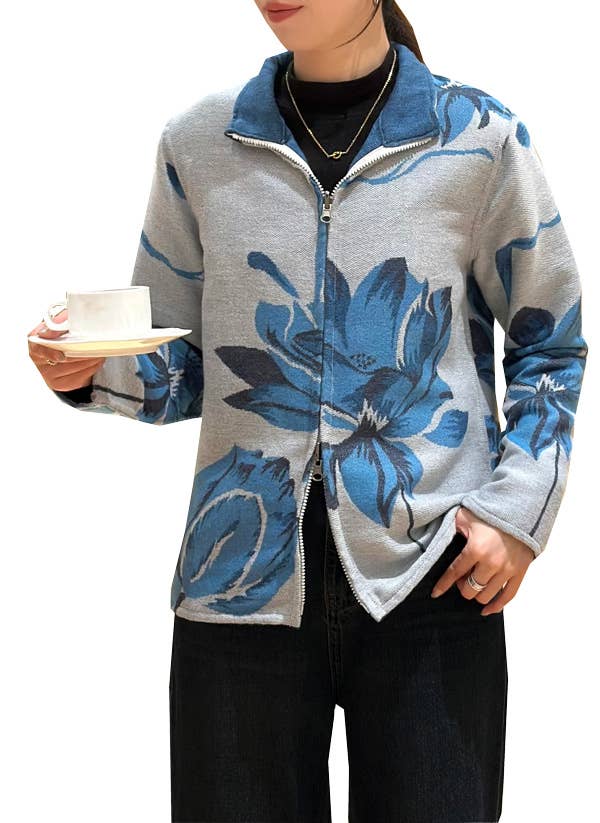 Royal Blue / White Lotus Reversible Zipper Sweater: M